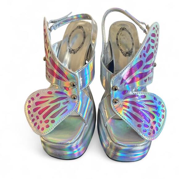 CHUNKY SILVER IRRIDESCENT BUTTERFLY SANDALS FESTIVAL HEELS SIZE 5. - Picture 4 of 8